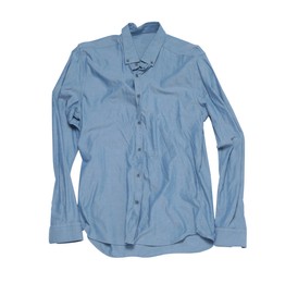 Crumpled light blue shirt on white background, top view