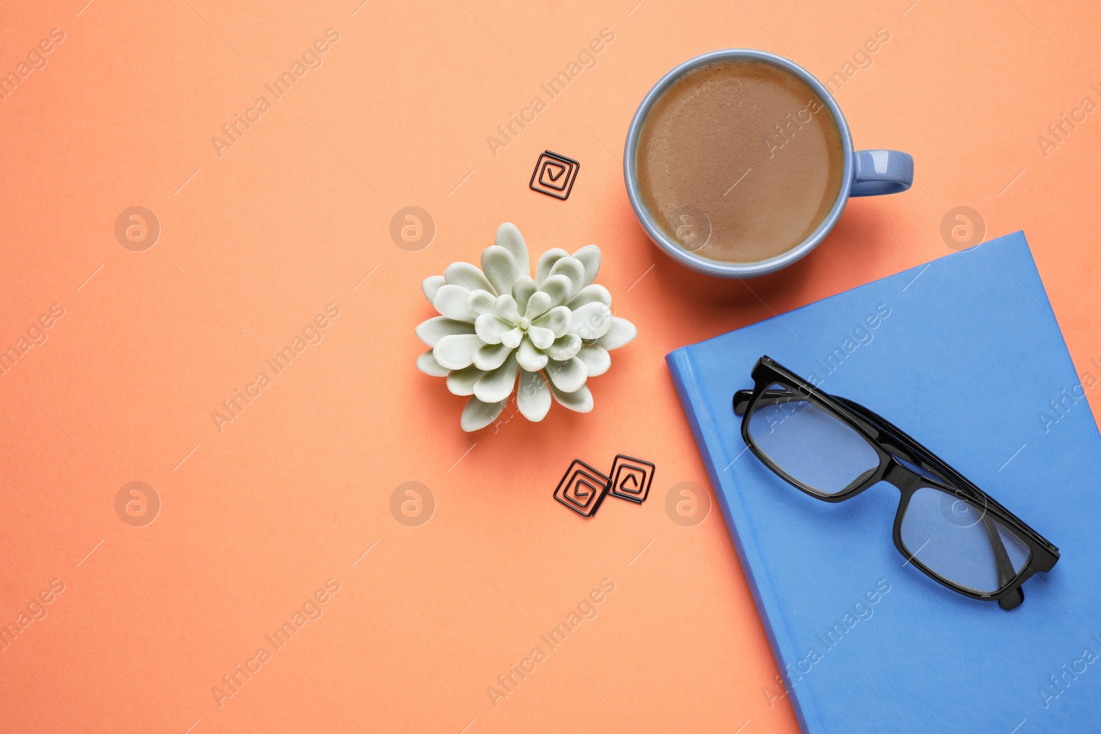 Photo of Flat lay composition inspired by color of the year 2020  (Classic blue) on orange background. Space for text