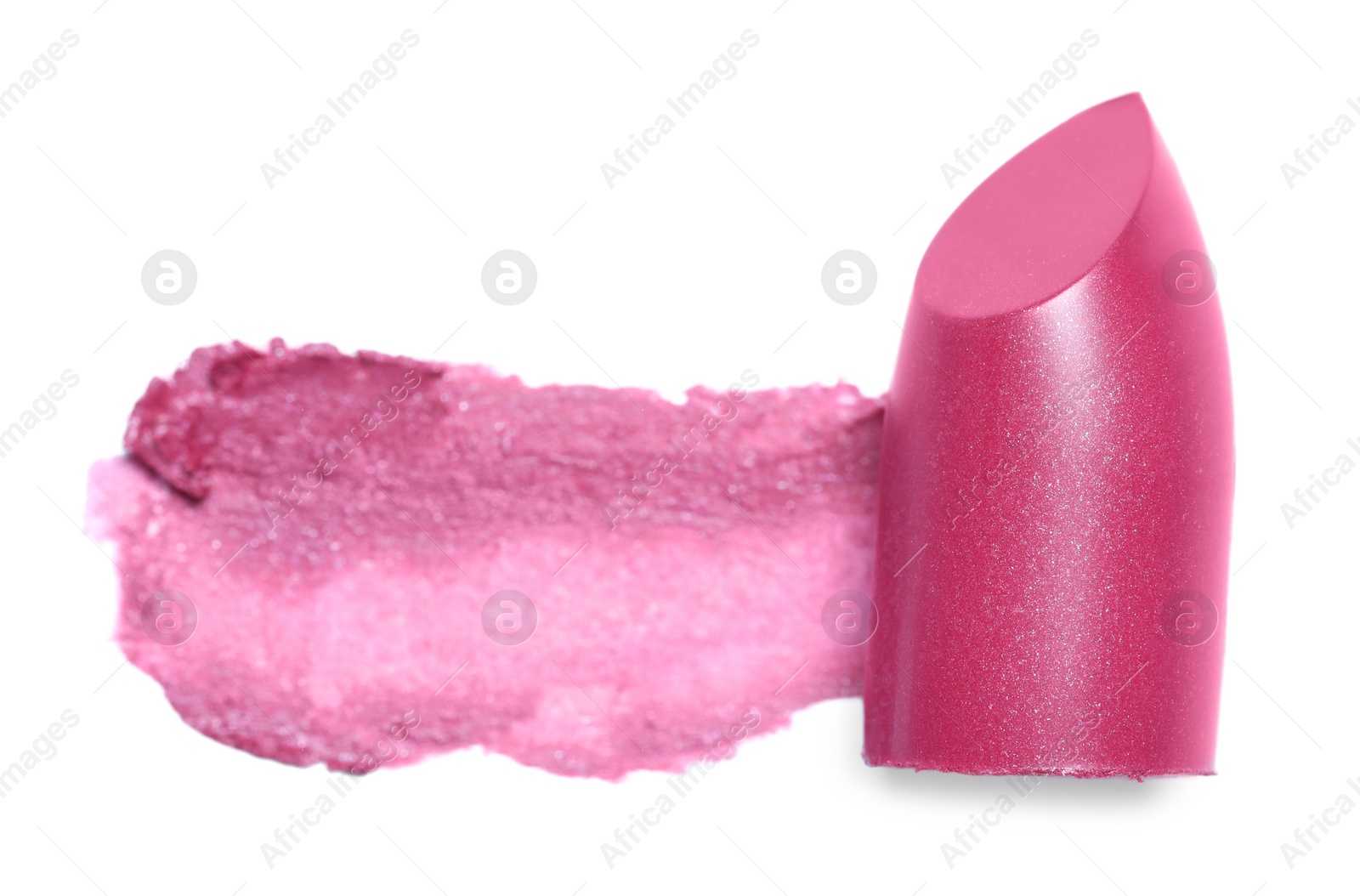 Photo of Bright lipstick and smear on white background, top view