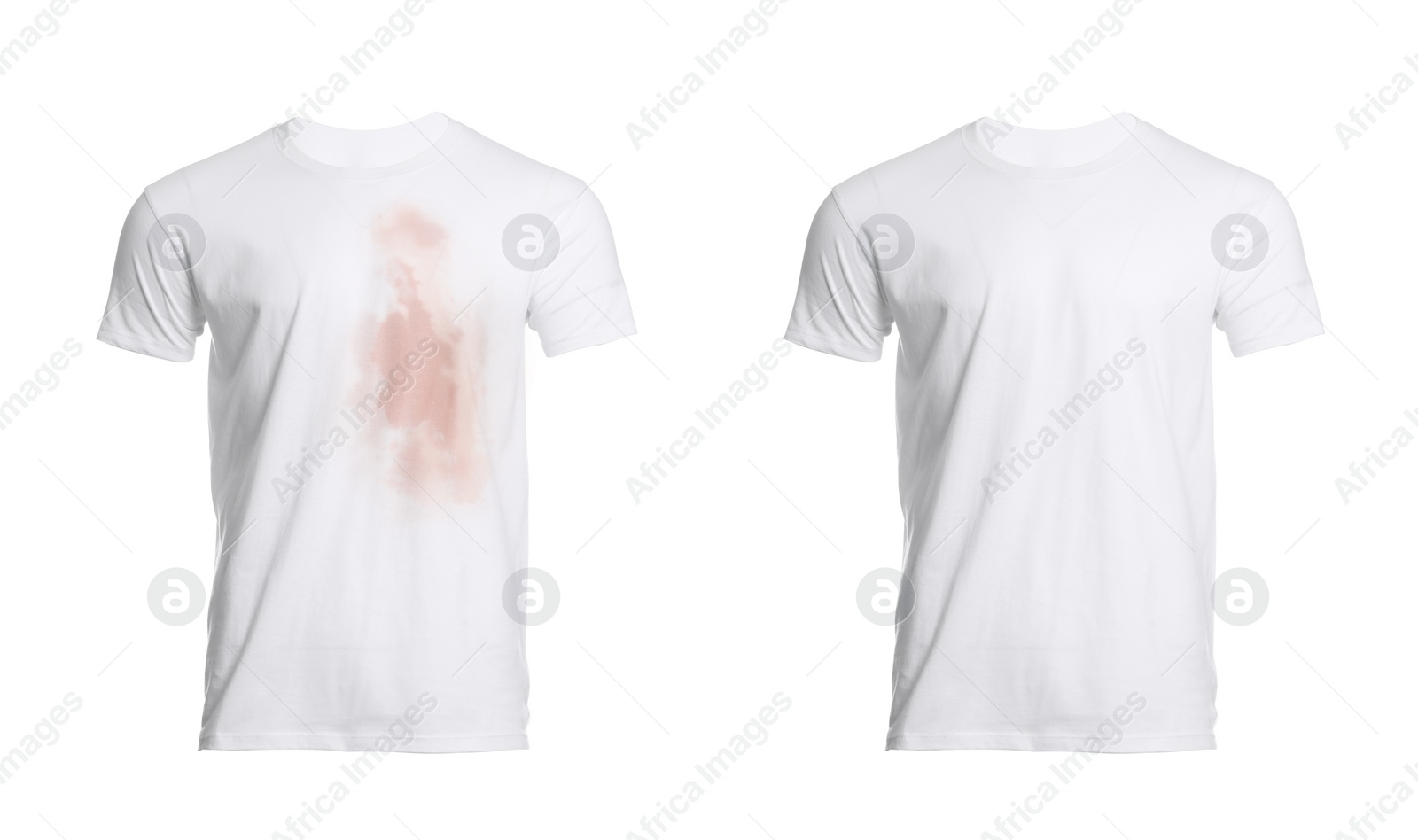 Image of Collage with dirty and clean t-shirt isolated on white. Before and after washing