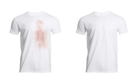 Image of Collage with dirty and clean t-shirt isolated on white. Before and after washing