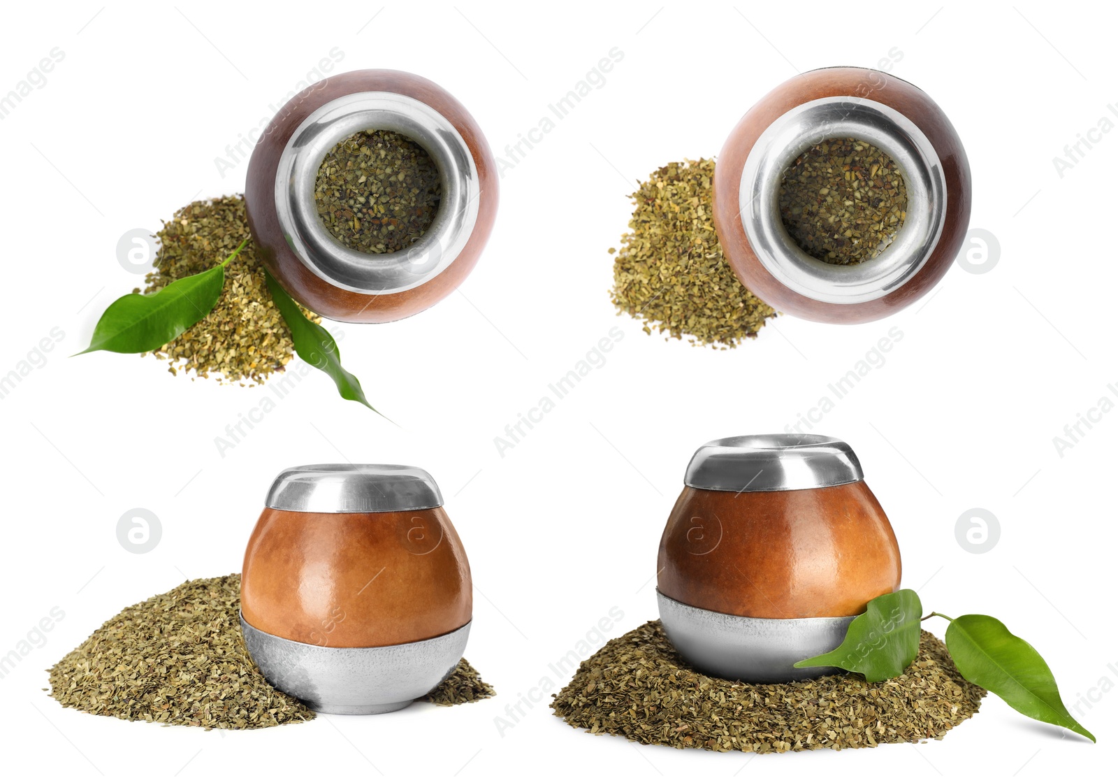 Image of Set with calabashes with mate tea on white background