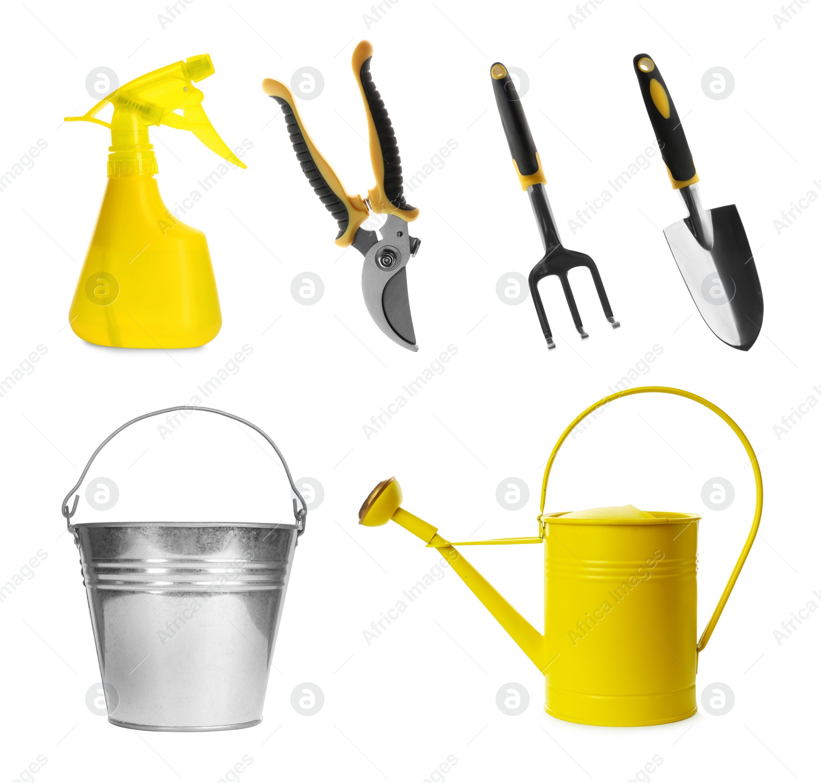 Image of Set with different gardening tools on white background