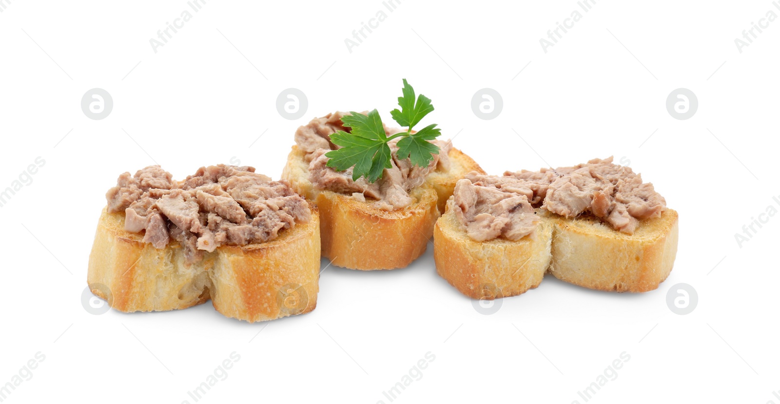 Photo of Tasty sandwiches with cod liver and parsley isolated on white