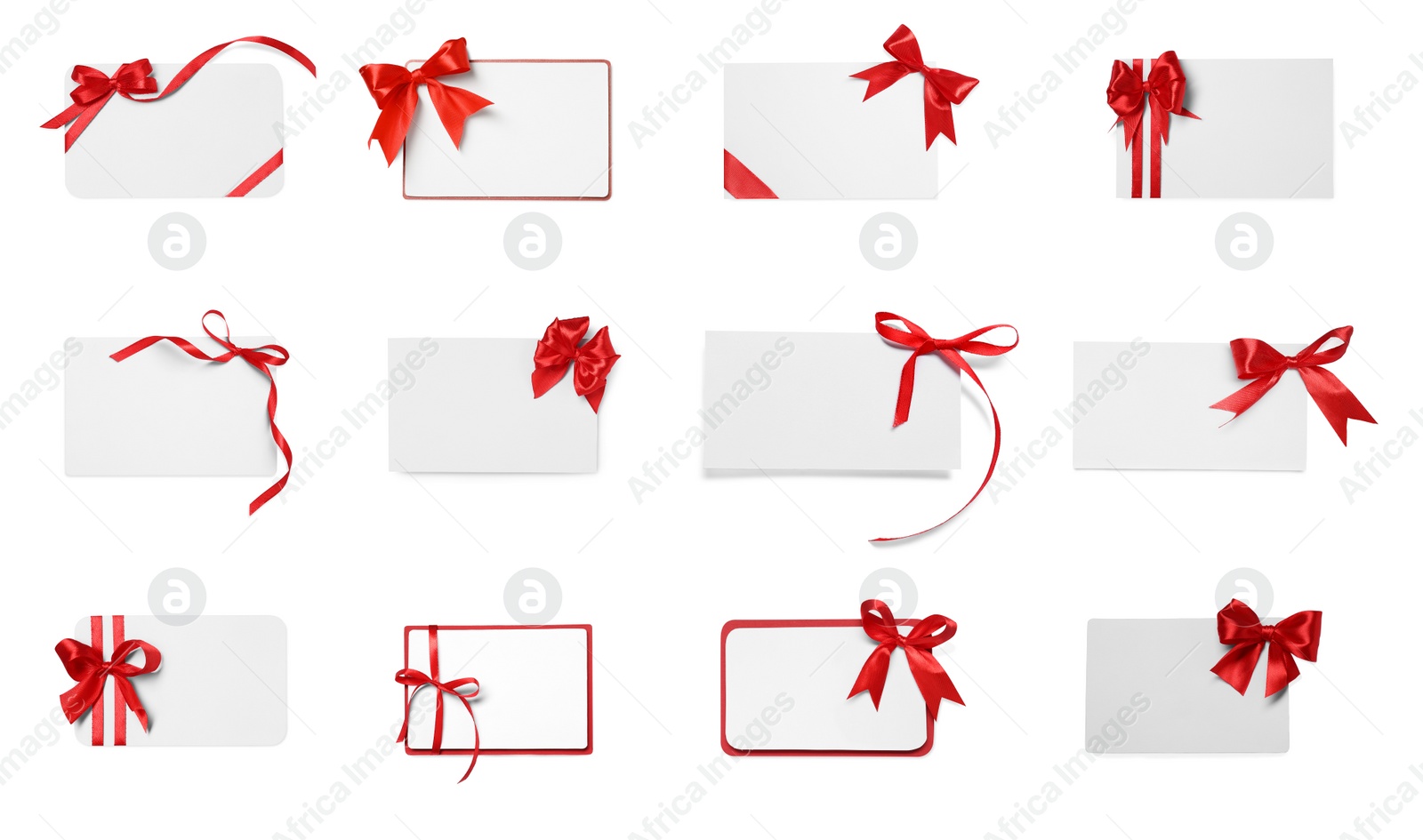 Image of Set of many different gift cards with red bows on white background, top view