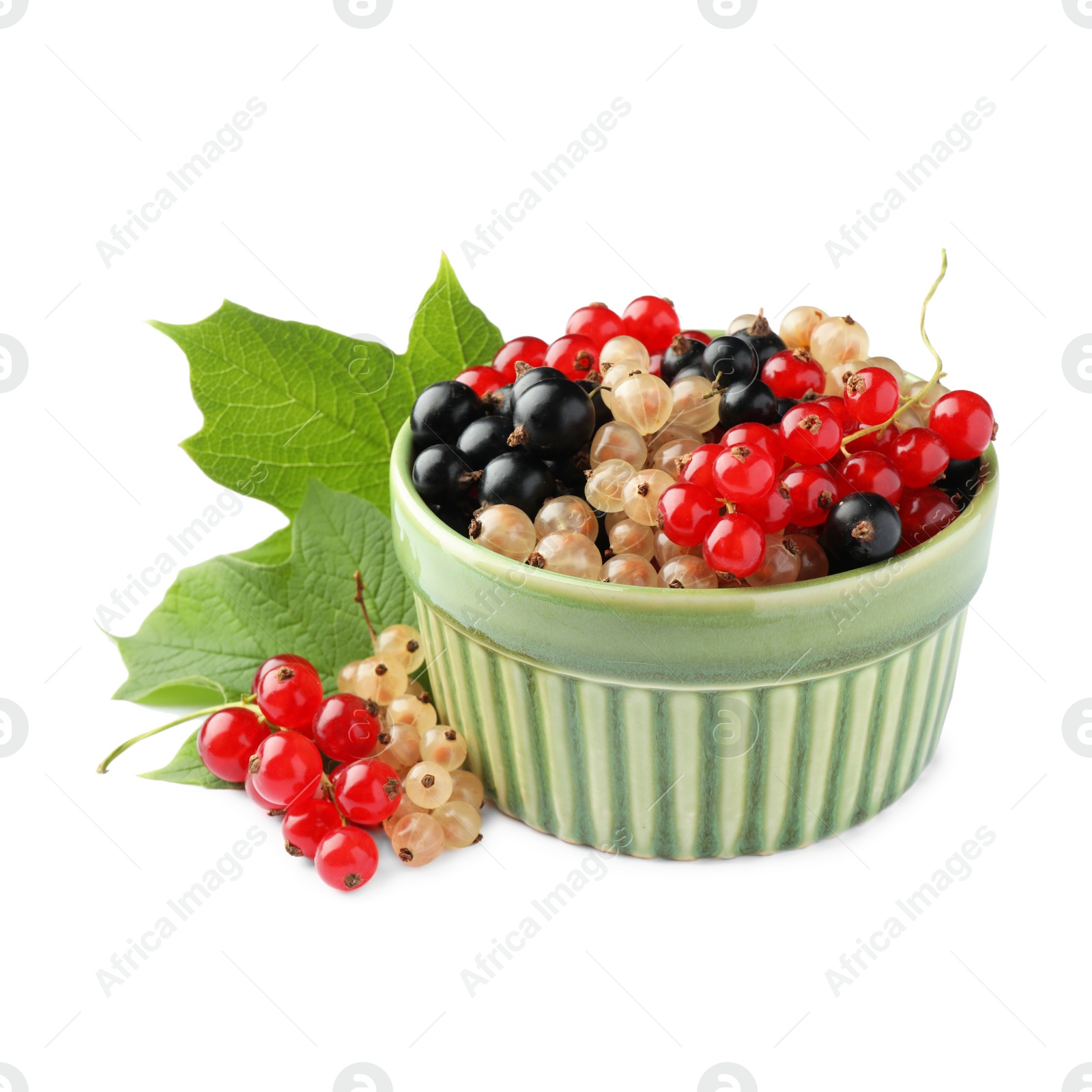 Photo of Fresh red, white and black currants in bowl with green leaf isolated on white