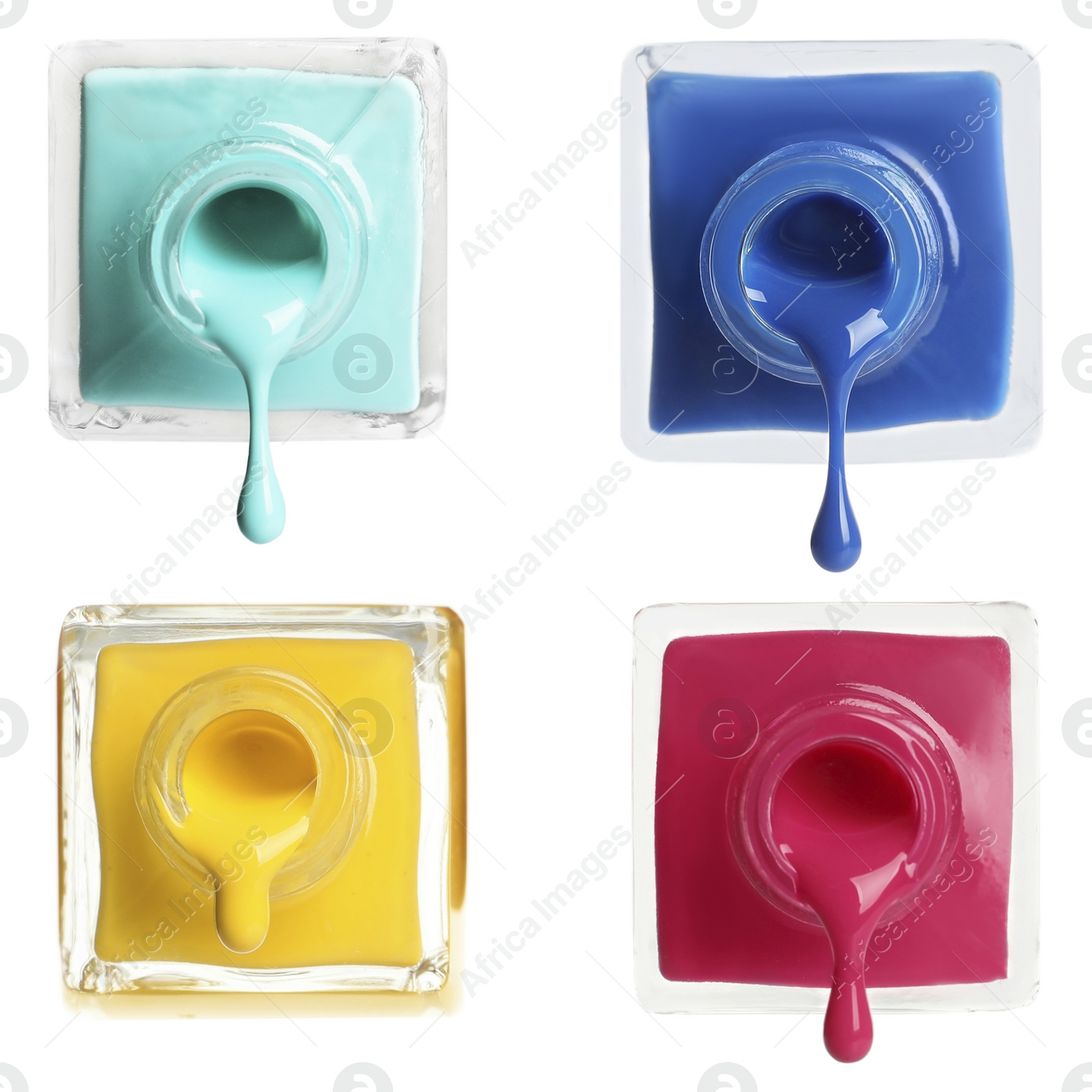 Image of Set of different nail polishes dripping on white background