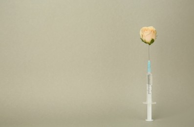 Photo of Medical syringe and rose flower on light grey background. Space for text