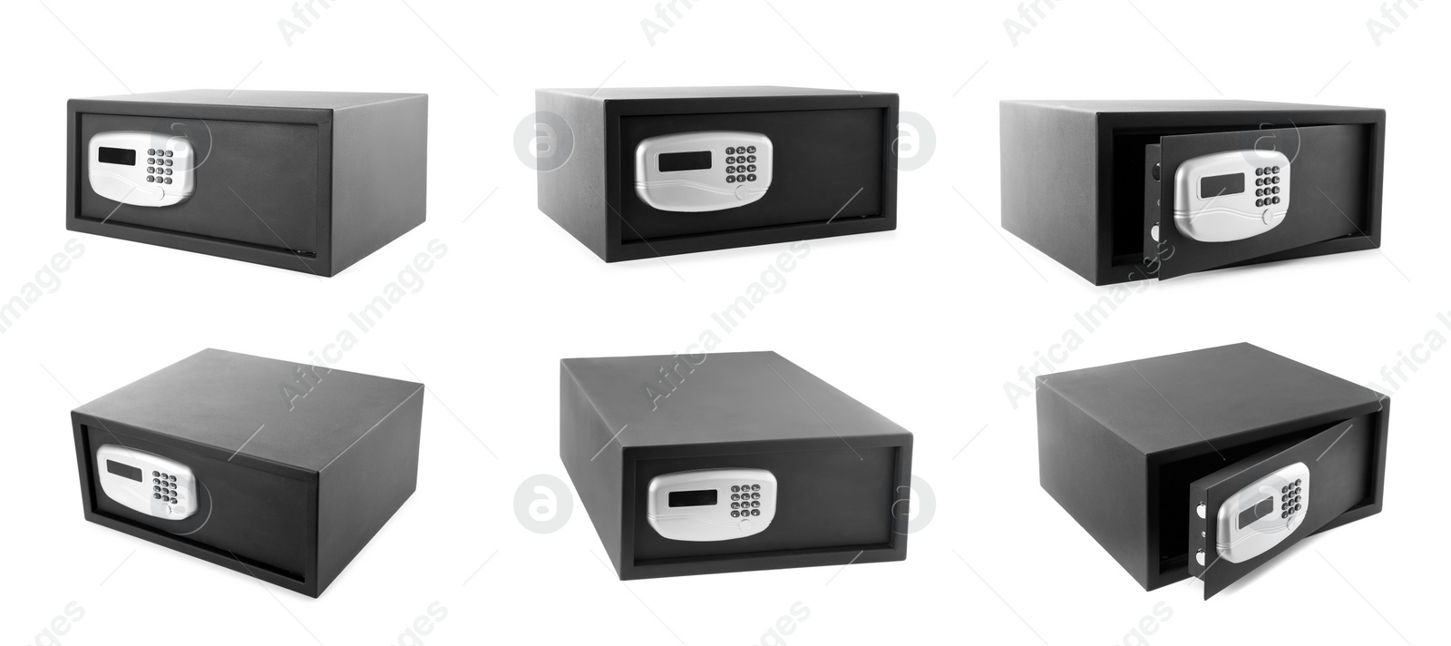 Image of Black steel safe on white background, view from different sides