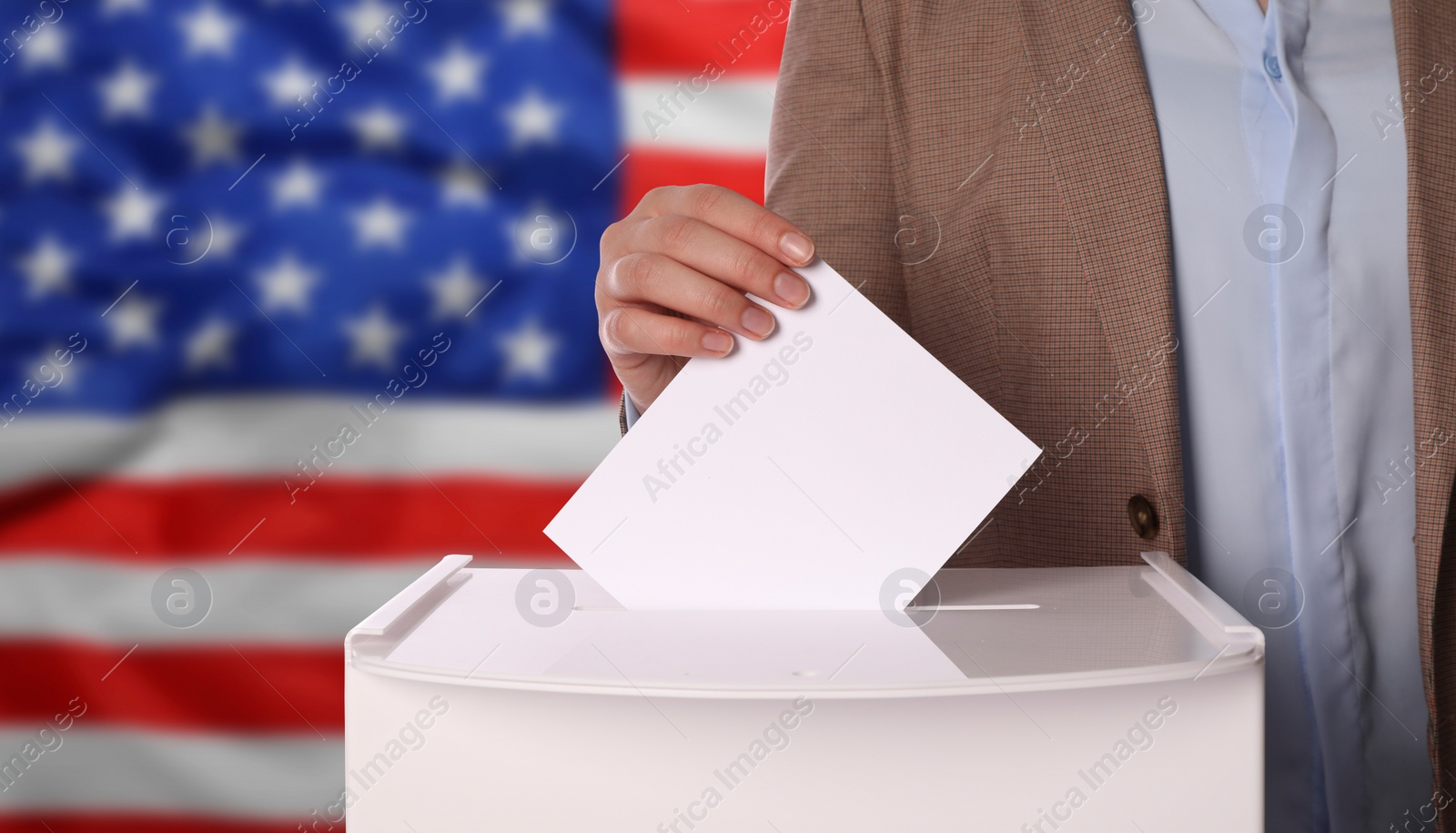 Image of Election in USA. Woman putting her vote into ballot box against national flag of United States, closeup. Banner design