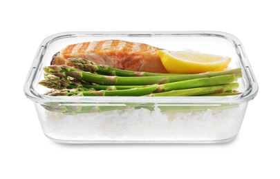 Photo of Healthy meal. Grilled salmon, rice and asparagus in container isolated on white
