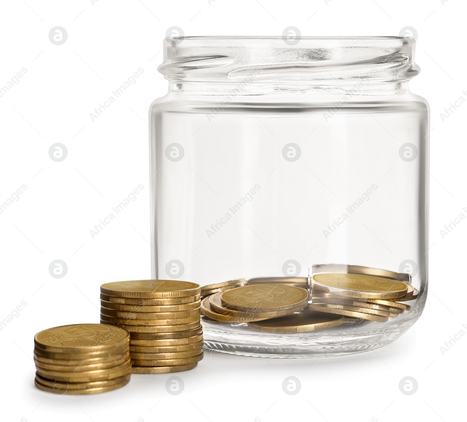 Photo of Glass jar and coins isolated on white