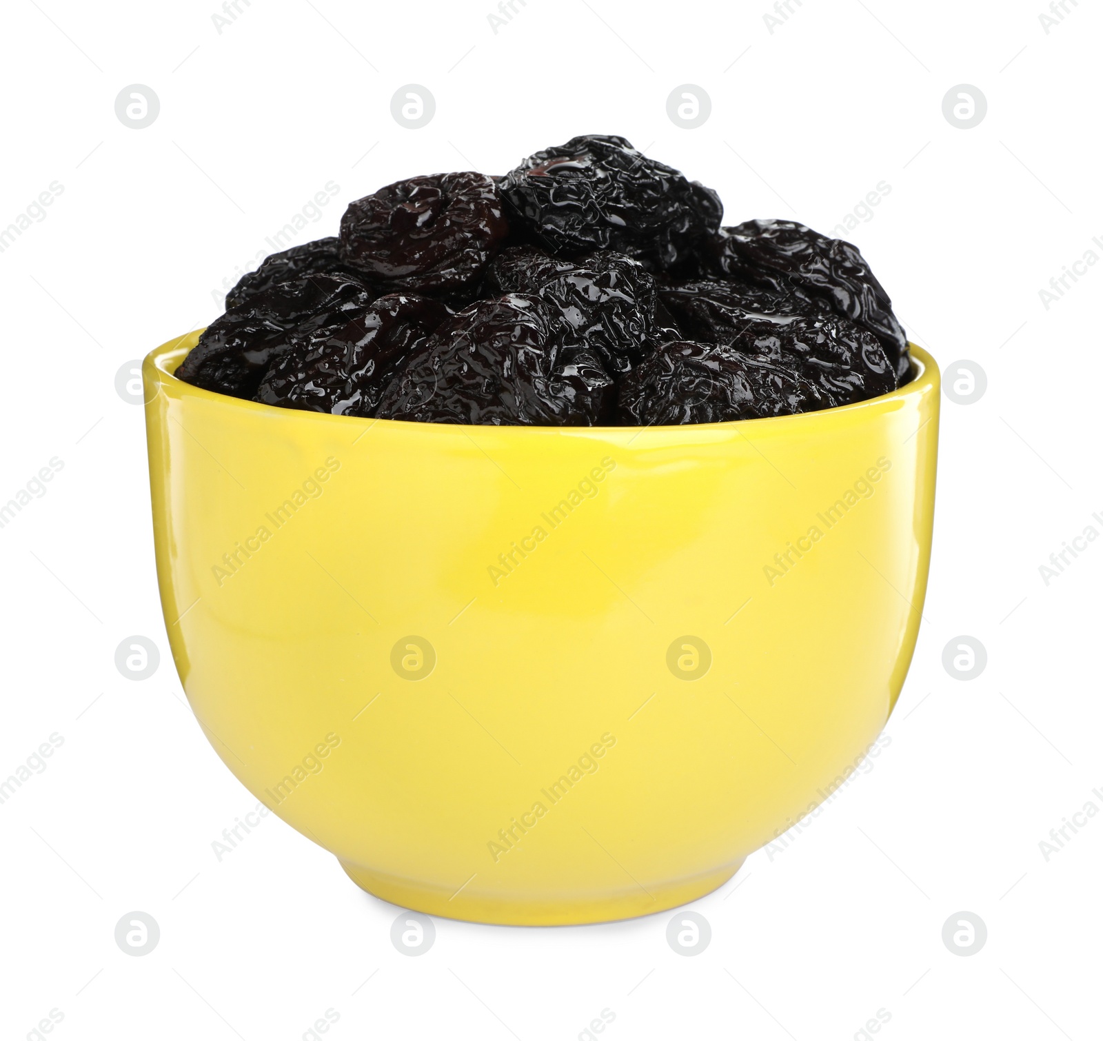 Photo of Bowl with sweet dried prunes isolated on white