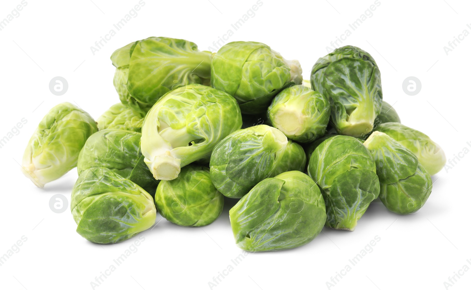 Photo of Heap of fresh green brussels sprouts on white background