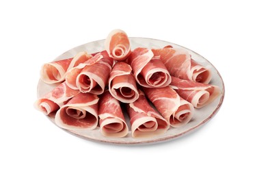 Photo of Plate with rolled slices of delicious jamon isolated on white