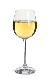 Photo of Glass of delicious expensive wine on white background