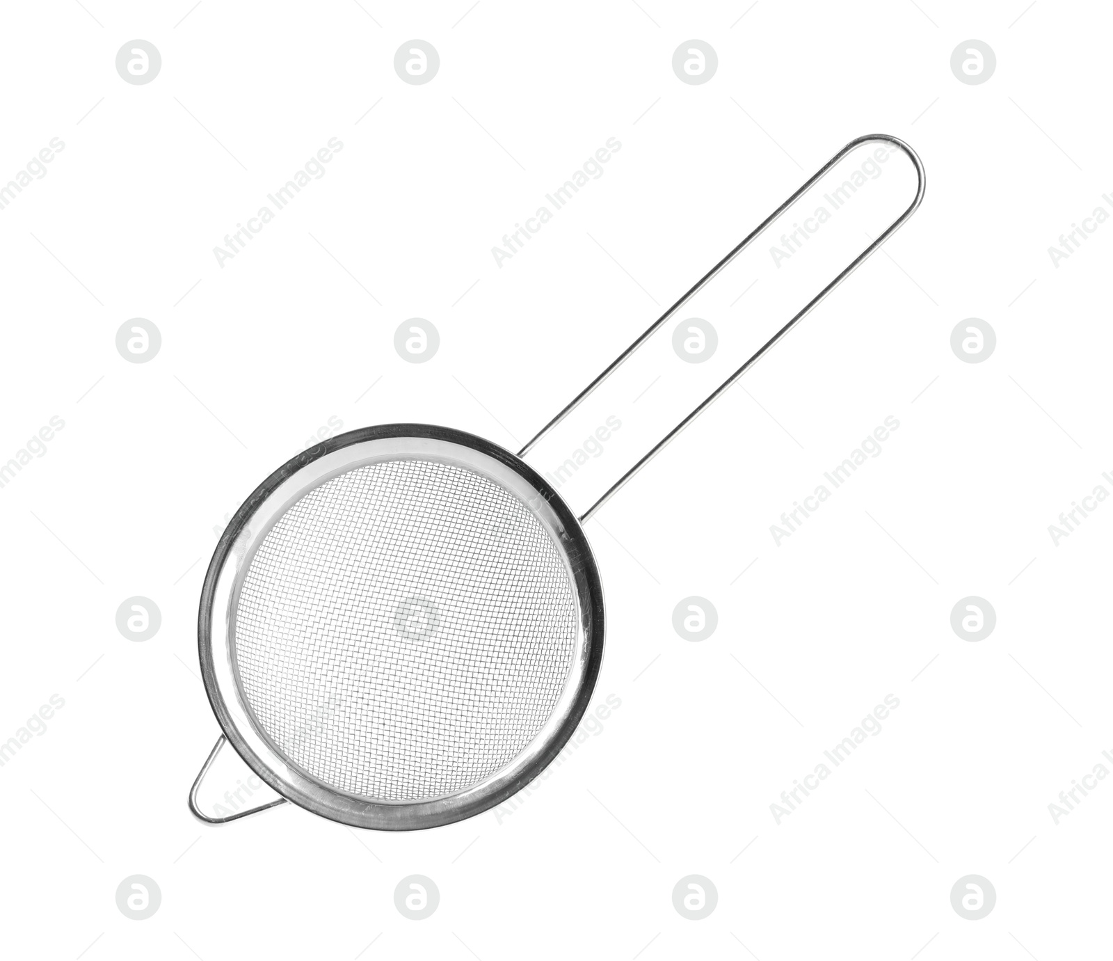 Photo of One metal sieve isolated on white. Kitchen utensil