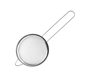 One metal sieve isolated on white. Kitchen utensil