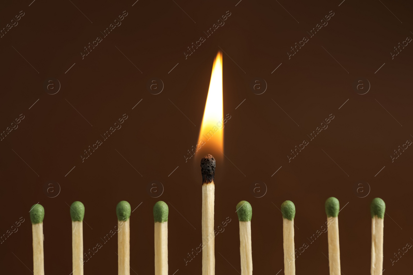 Photo of Burning match among unlit ones on brown background, closeup