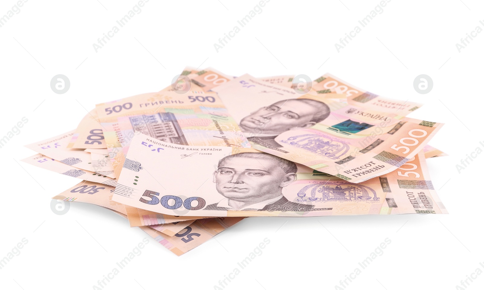 Photo of 500 Ukrainian Hryvnia banknotes on white background