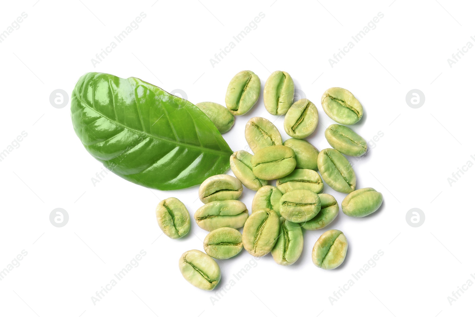 Photo of Green coffee beans and fresh leaf on white background, top view