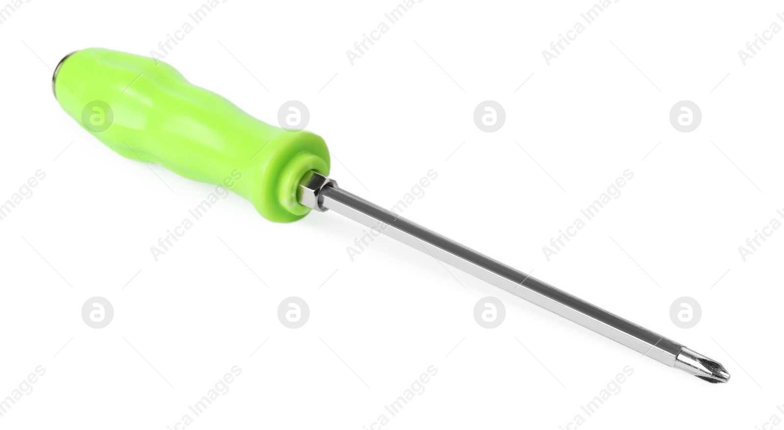 Photo of One screwdriver with green handle isolated on white