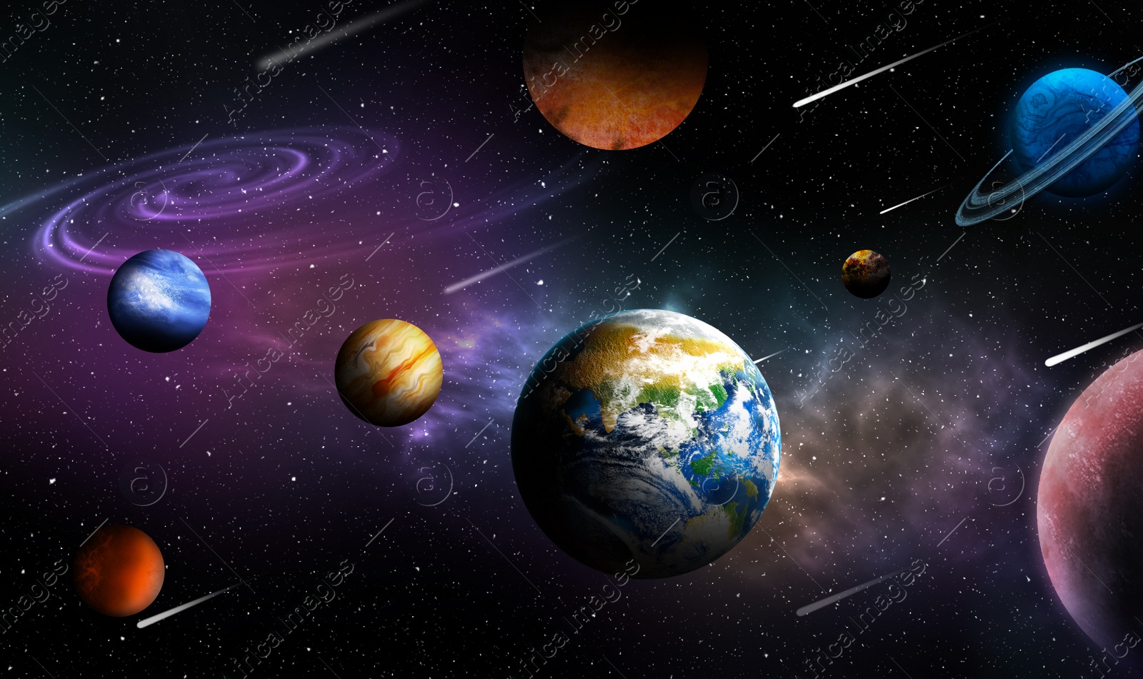 Illustration of Galaxy with stars, comets and planets, banner design. Fantasy world