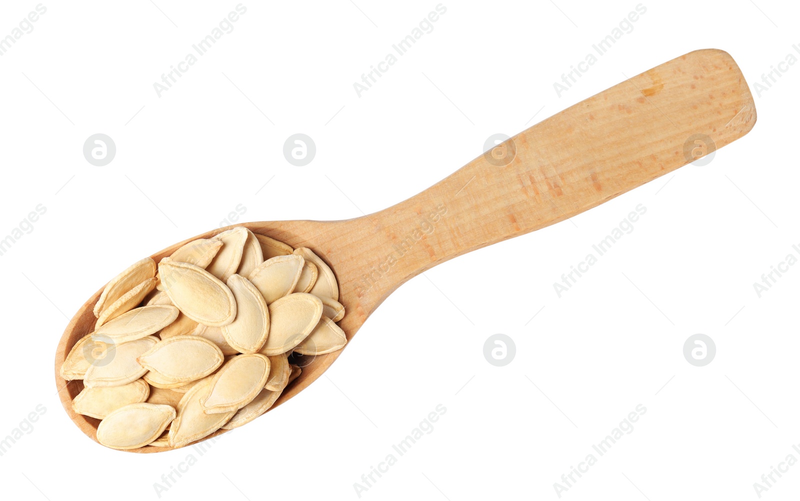 Photo of Wooden spoon with pumpkin seeds isolated on white, top view