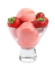 Photo of Delicious strawberry ice cream with fresh berries in dessert bowl on white background