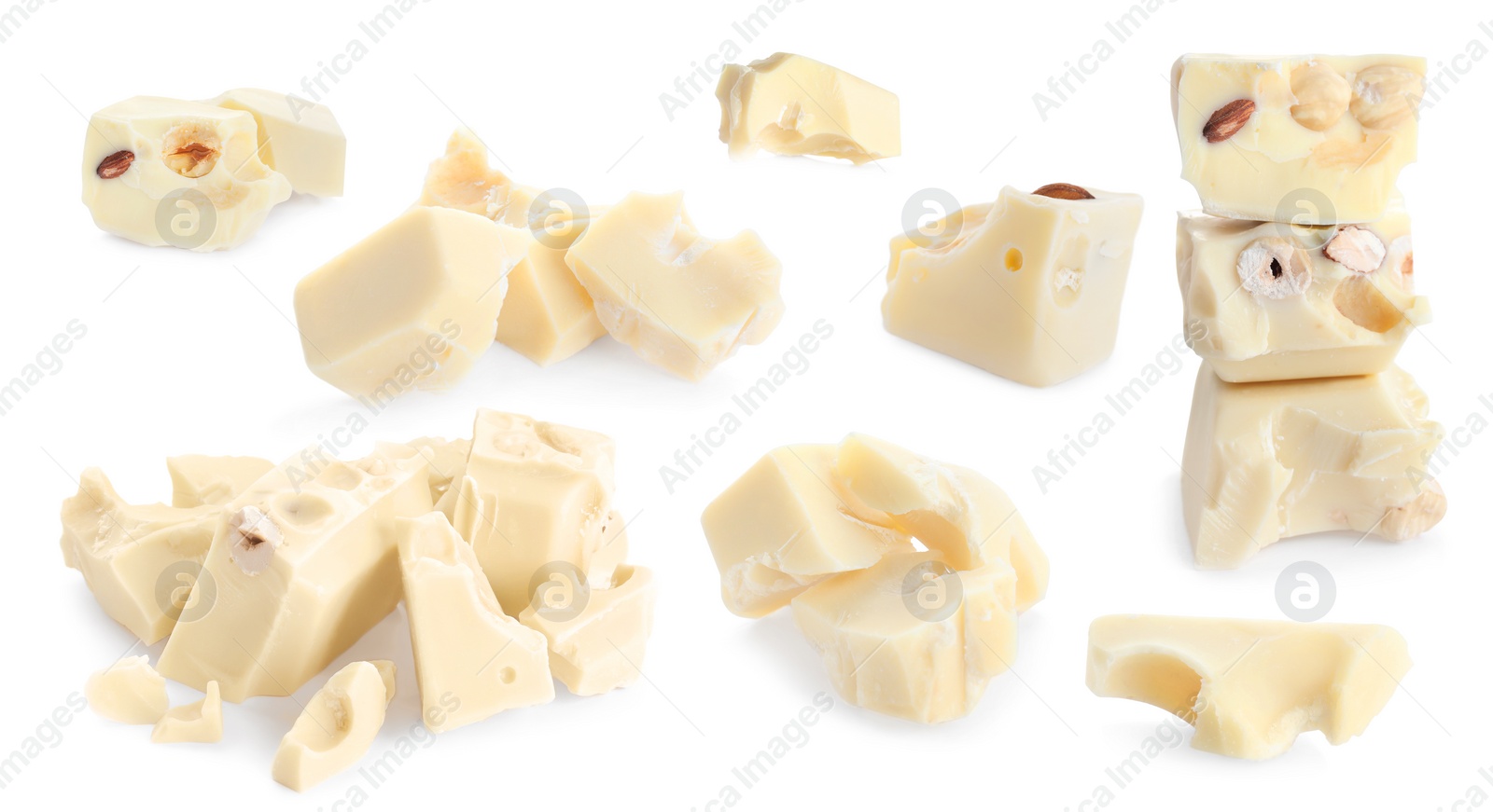 Image of Set with delicious chocolate chunks on white background. Banner design