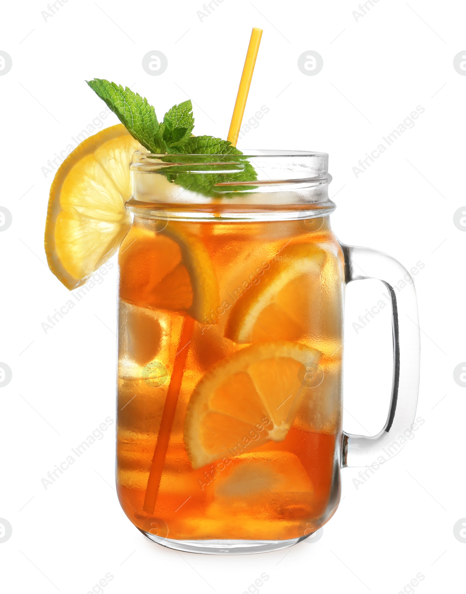 Photo of Mason jar of refreshing iced tea with lemon slices and mint on white background