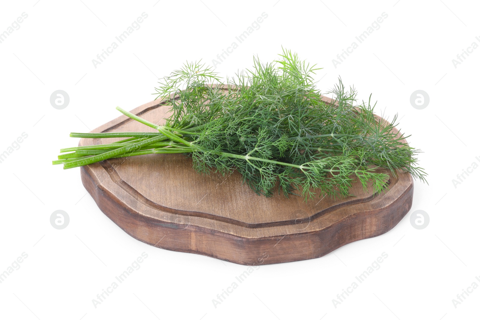 Photo of Serving board with sprigs of fresh dill isolated on white
