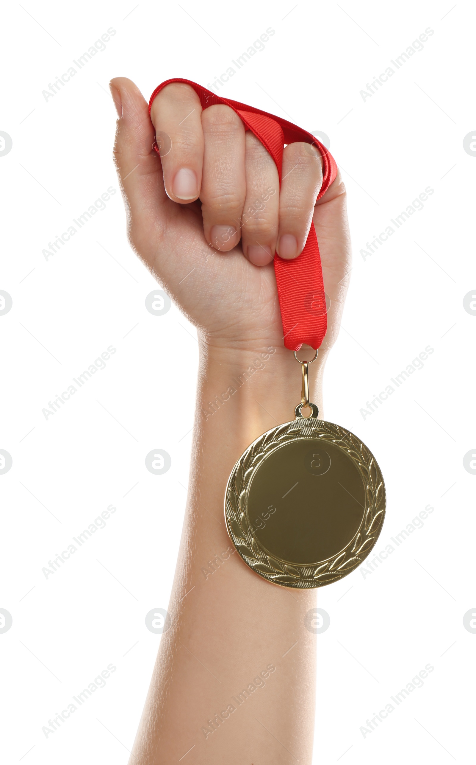 Photo of Woman holding golden medal on white background, closeup. Space for design