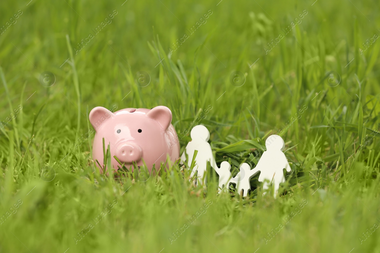 Photo of Cute piggy bank and family figure on green grass in park