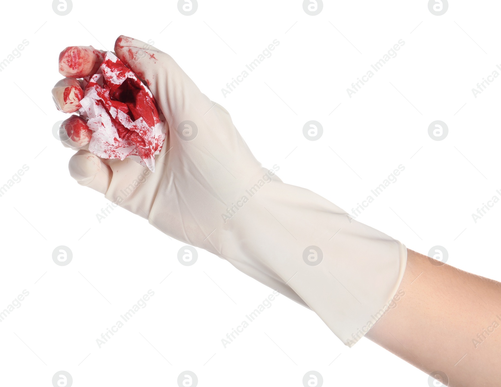 Photo of Doctor in medical glove holding tissue with blood on white background