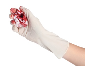 Photo of Doctor in medical glove holding tissue with blood on white background