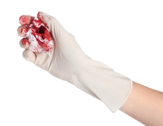 Doctor in medical glove holding tissue with blood on white background