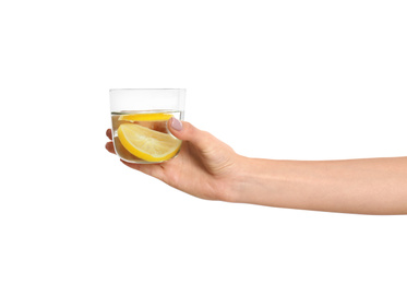 Photo of Woman with tasty lemon water on white background, closeup
