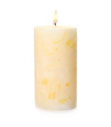 Alight color wax candle on white background
