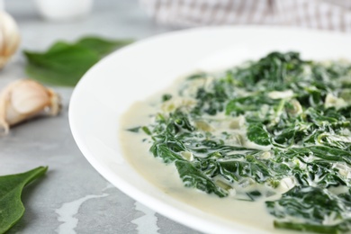 Photo of Tasty spinach dip on grey marble table, closeup