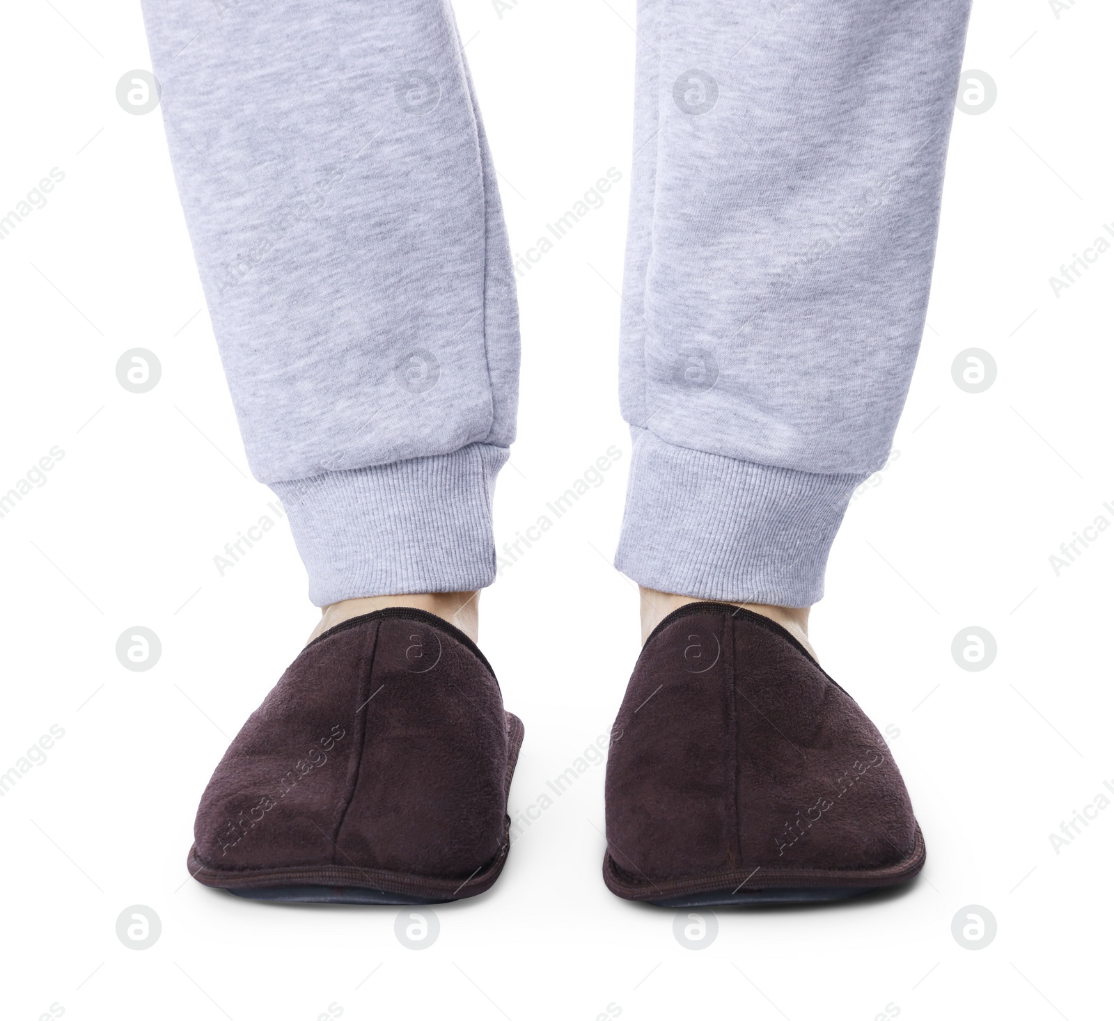 Photo of Man in soft slippers on white background, closeup