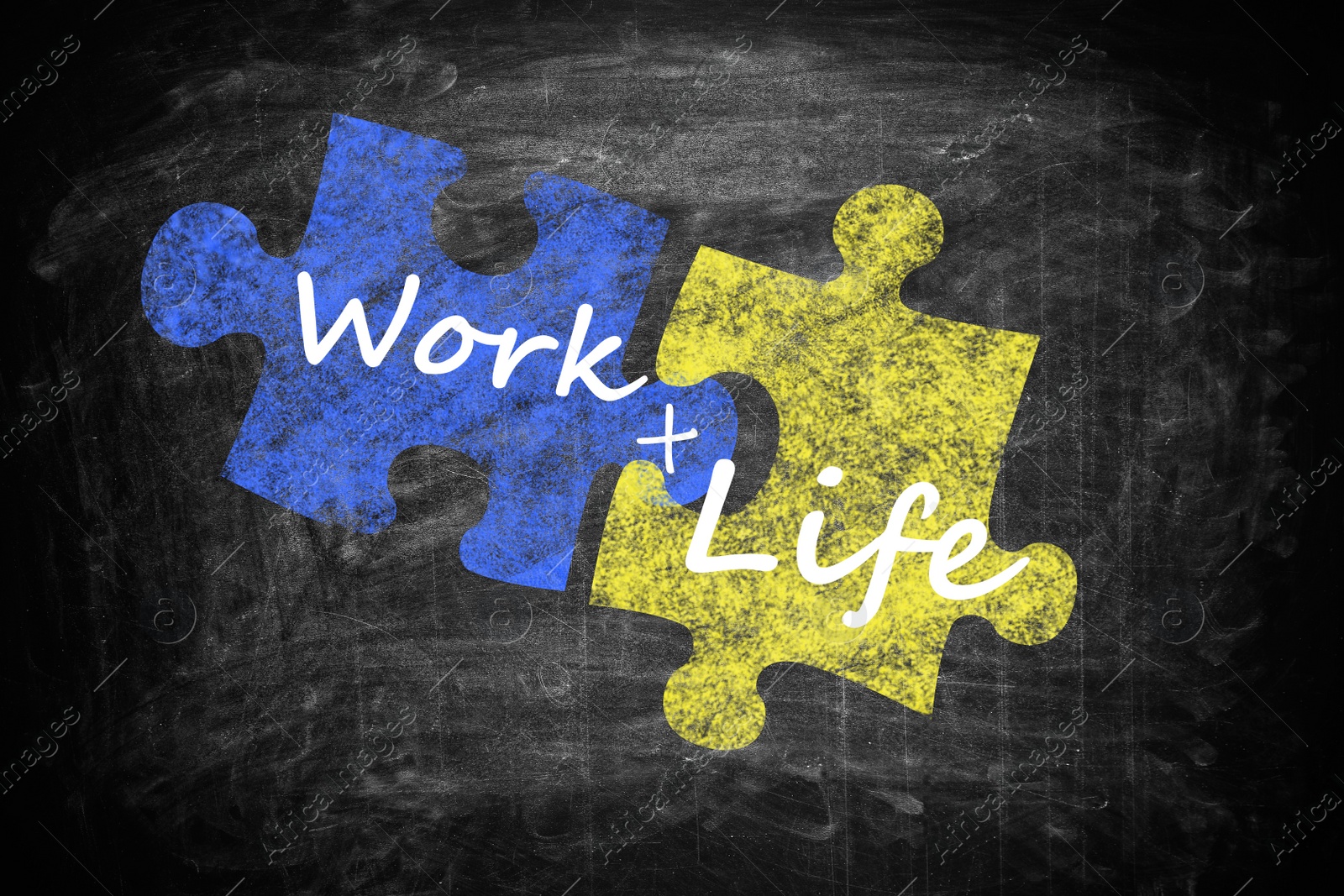 Image of Work-life balance concept. Drawing of connected puzzle pieces on chalkboard