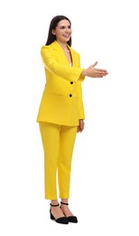 Photo of Beautiful businesswoman in yellow suit on white background