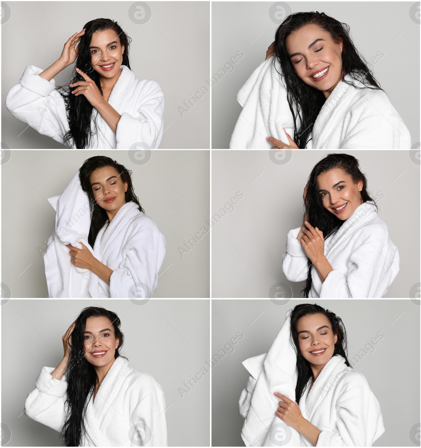 Image of Collage with photos of beautiful young woman drying hair with towel after washing on light grey background