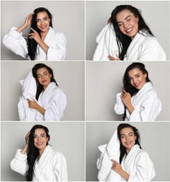 Collage with photos of beautiful young woman drying hair with towel after washing on light grey background