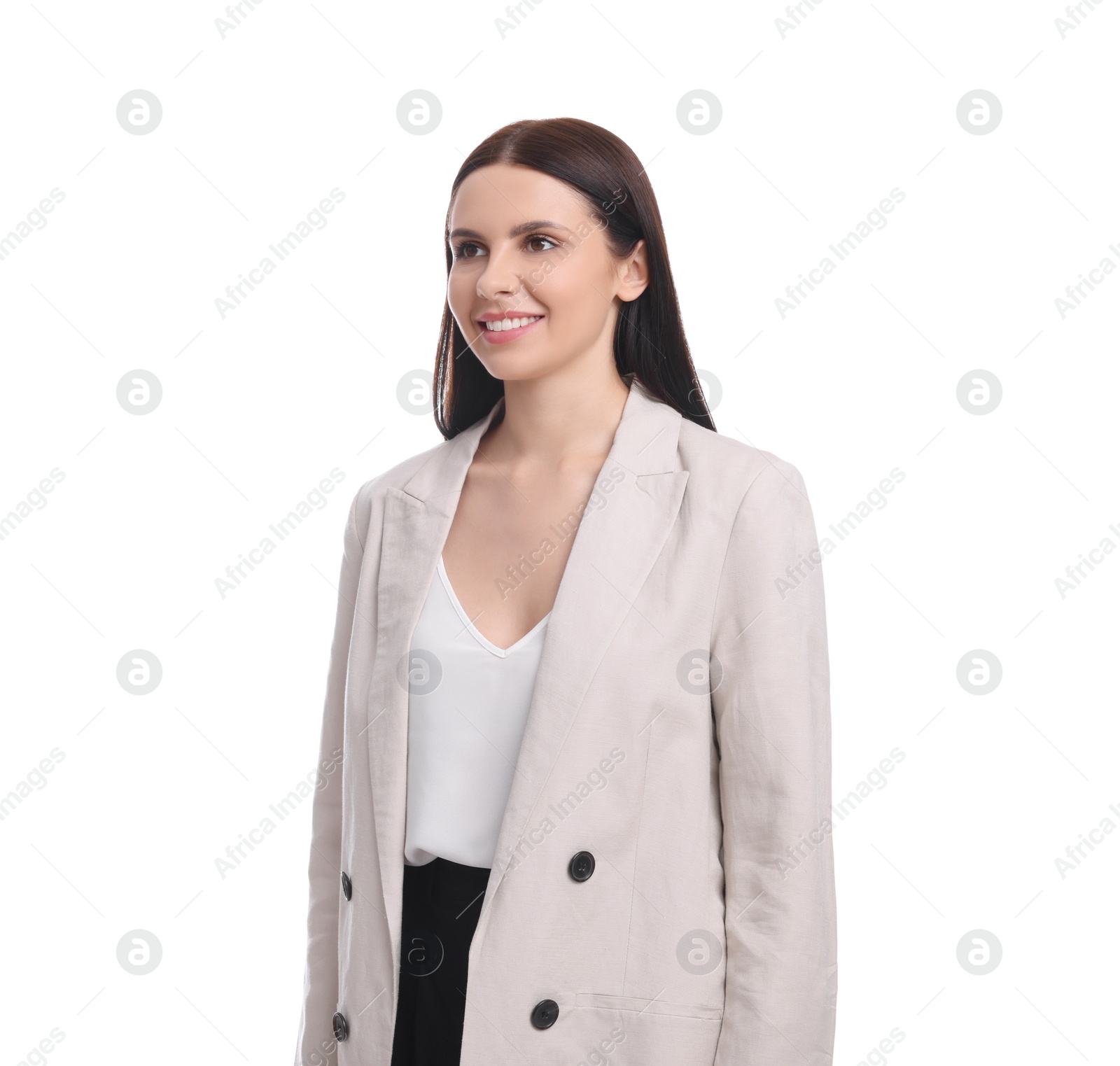 Photo of Beautiful young businesswoman in suit on white background