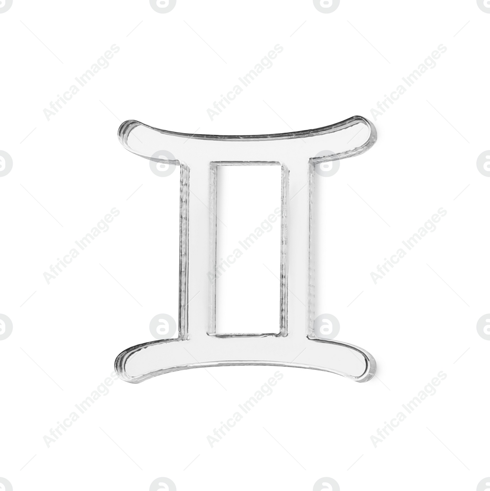 Photo of Zodiac sign. Silver Gemini symbol isolated on white, top view