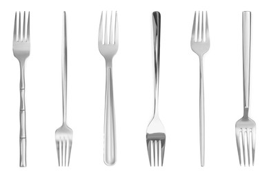 Image of Shiny silver forks isolated on white, set