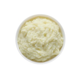 Photo of Bowl with tasty puree on white background, top view