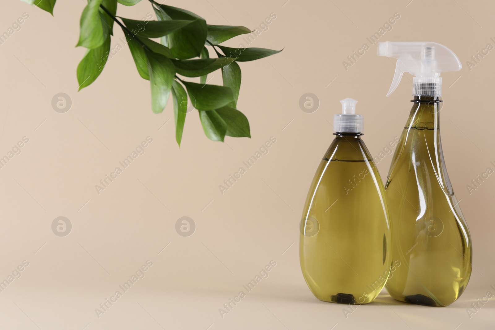 Photo of Bottles of cleaning product and floral decor on beige background. Space for text